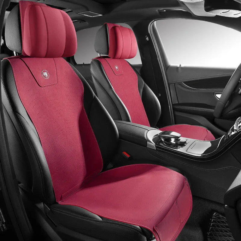 Tailored car seat cover with gradient hole design in fur material showing colour options