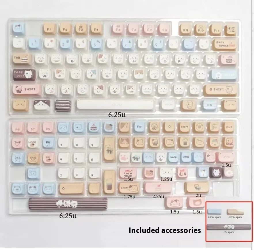 Sea salt cat design PBT keycap set showing 26-key layout with 7u spacebar supplement for mechanical keyboards