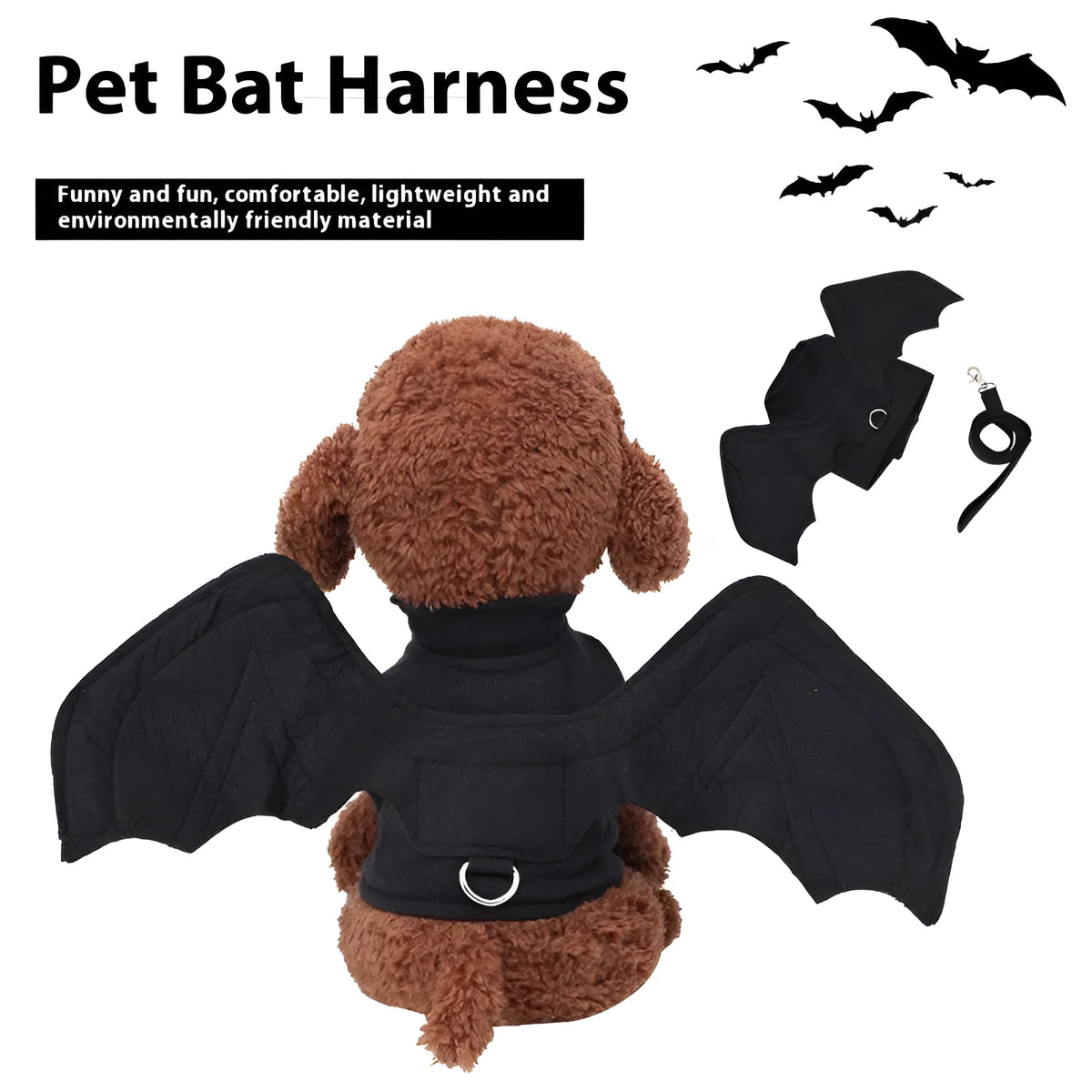 Black bat wings costume for dogs with elastic neck strap and optional hand control rope