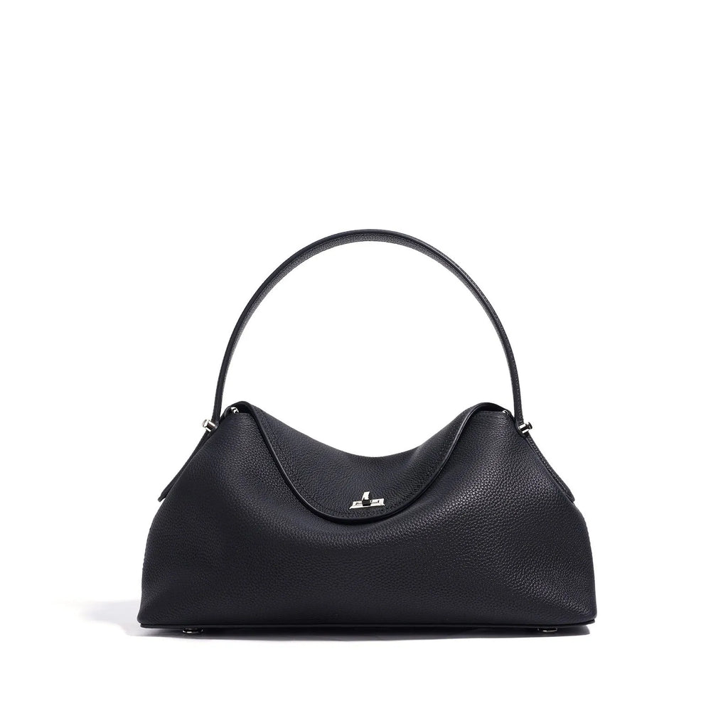 Cowhide leather shoulder messenger bag in a pillow shape with double straps, shown in one of five colour options.