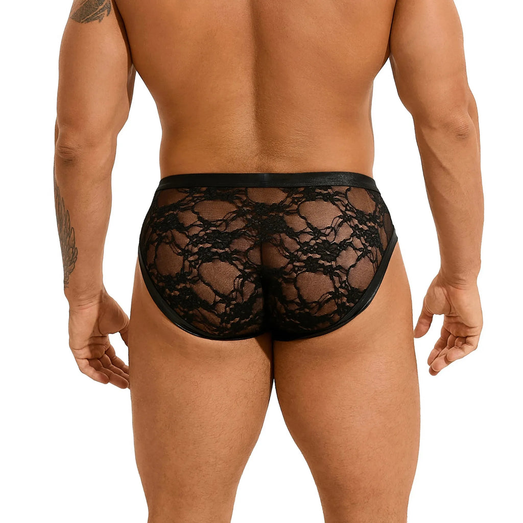 Black men's faux leather briefs with lace detailing and visible stitching.