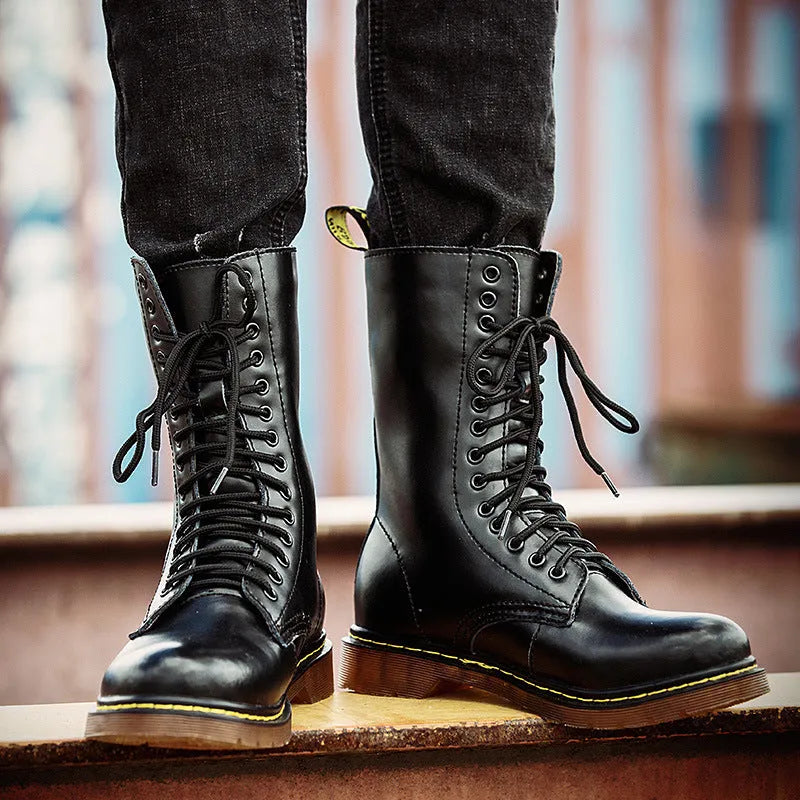 Men's black leather lace-up high-top casual shoes with a round toe, shown on a white background.