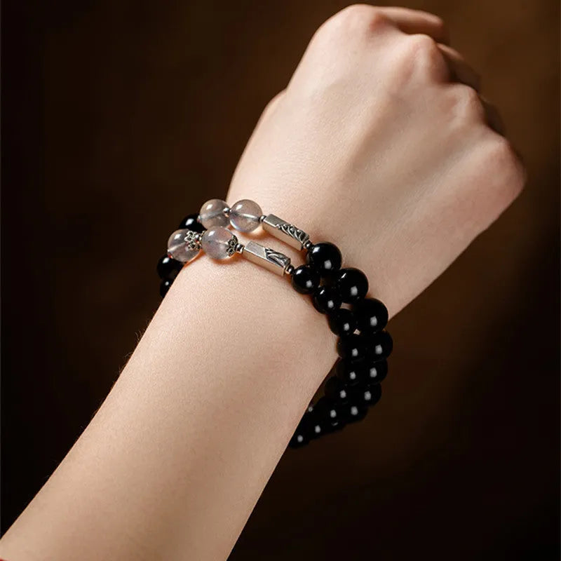 Obsidian Buddha beads couple bracelet with 8mm and 10mm natural stone beads in national style design for DIY assembly