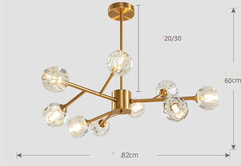 Nordic all copper crystal chandelier, 9 heads, LED, remote control, 220V, 15-30sqm