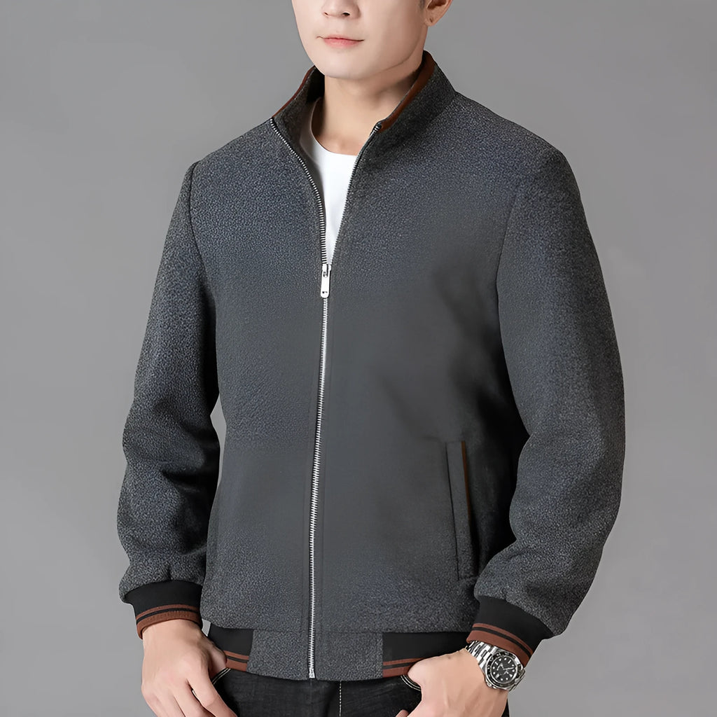 Men's grey autumn wool fleece jacket with sports style, long sleeves, and size stick pocket