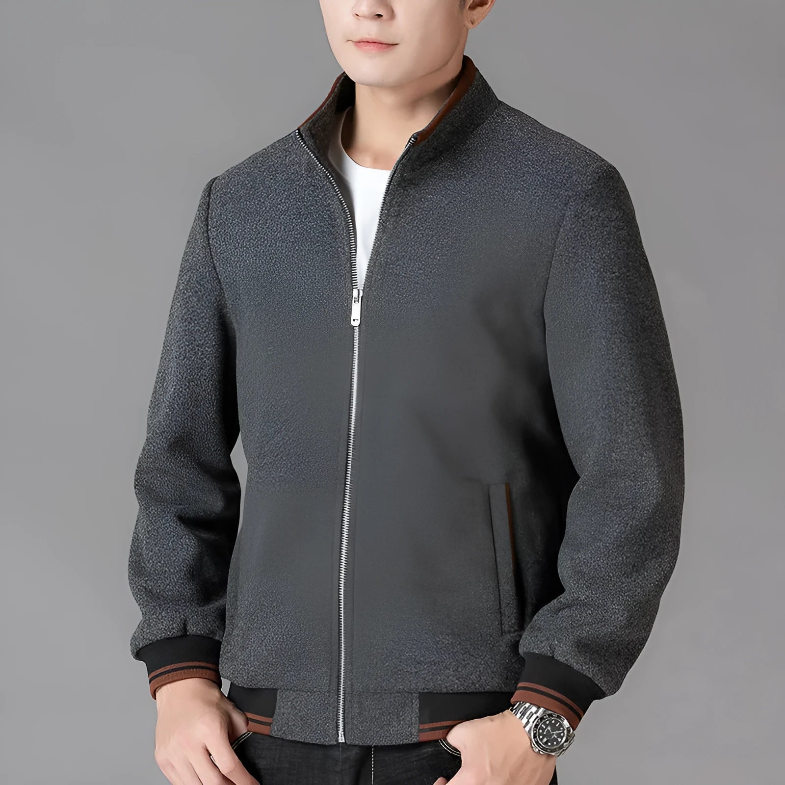 Men's grey autumn wool fleece jacket with sports style, long sleeves, and size stick pocket