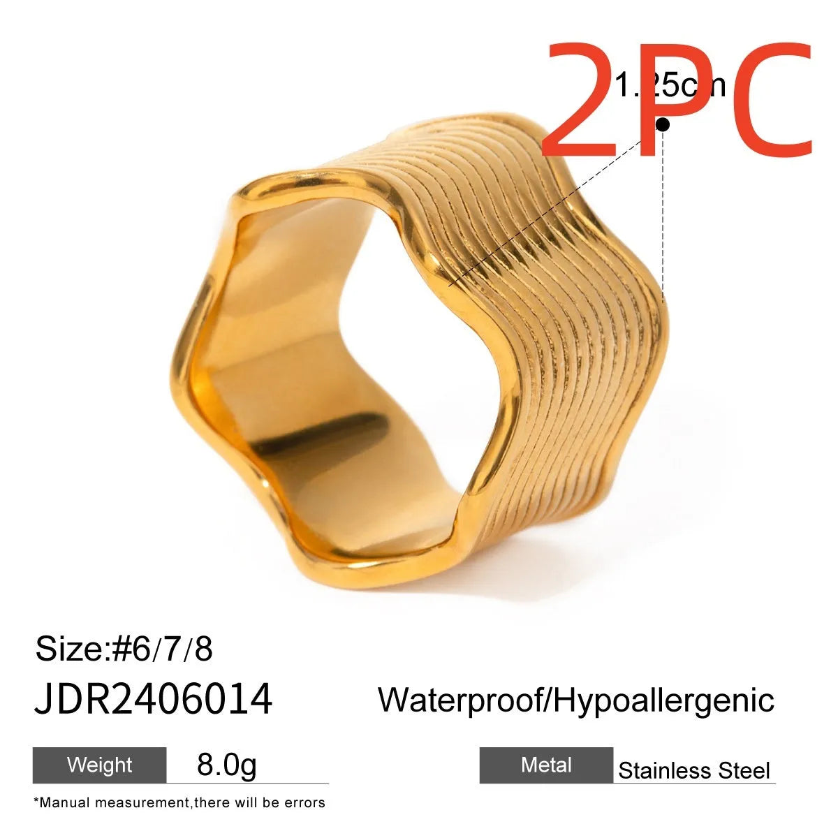 Stainless steel wide surface wave ring with geometric pattern and electroplated finish