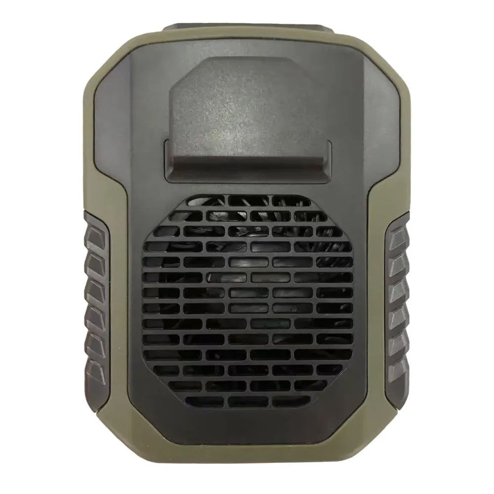 Green portable waist hanging fan with leafless design showing USB charging port and neck strap