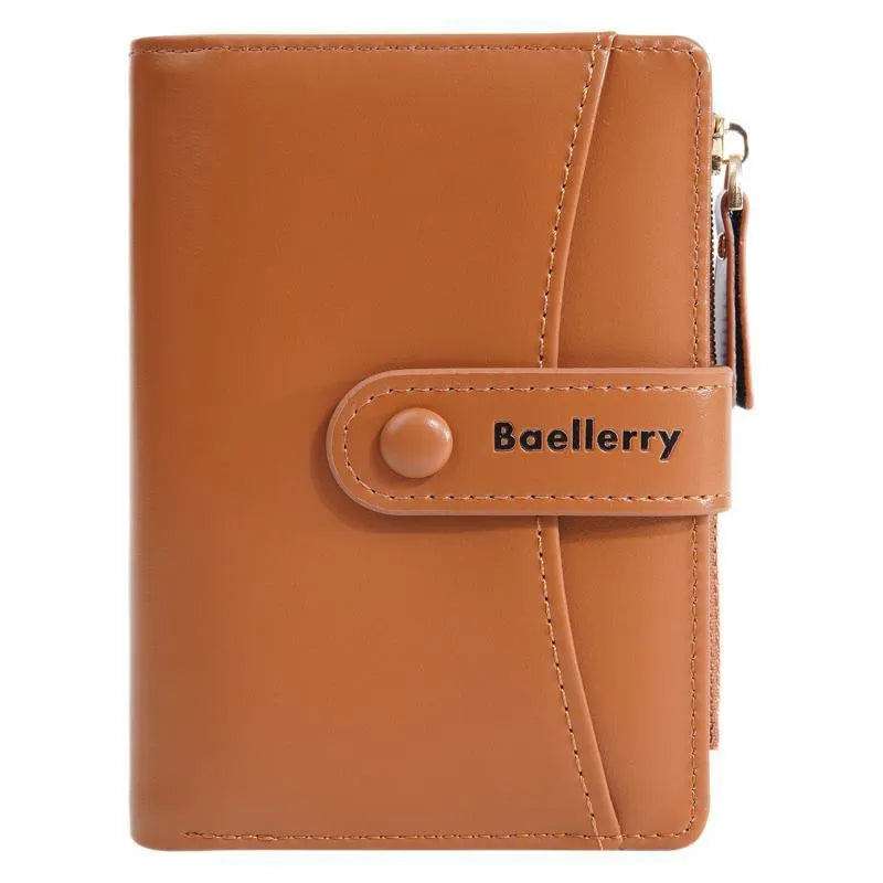 Women's short PU wallet in various colours showing waterproof and anti-theft features.