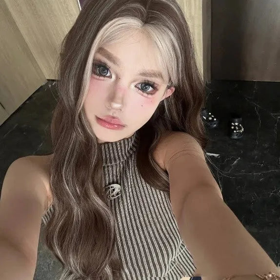 Long grey gold curly wig with lace front and golden highlights