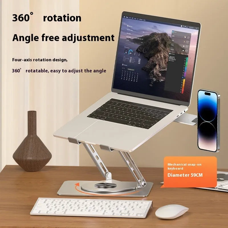 Silver carbon steel laptop stand with rotating magnetic phone holder supporting dual devices