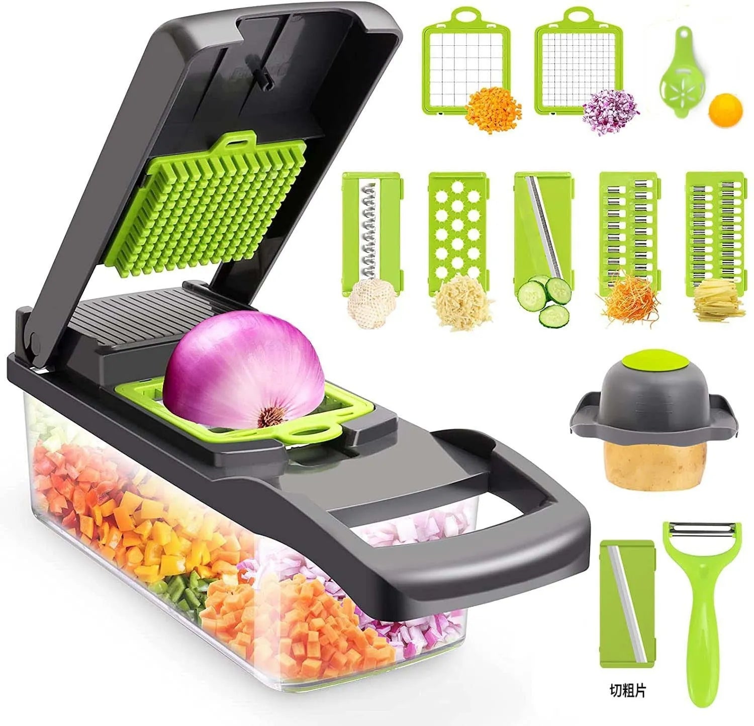 Grey stainless steel vegetable cutter with interchangeable blades and kitchen accessories