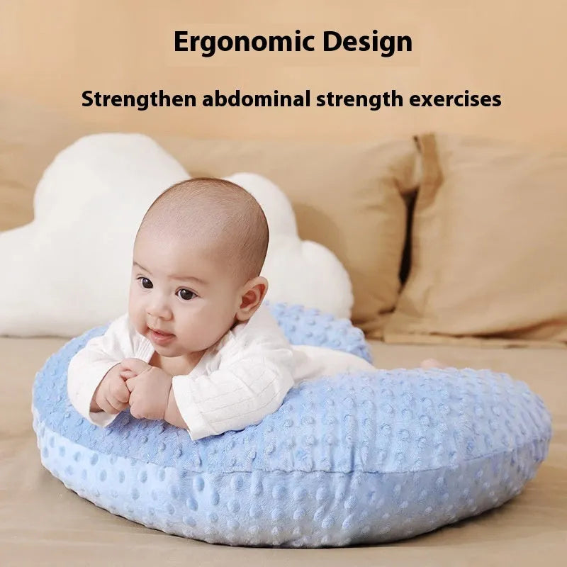 Nursing pillow with water-resistant cover in light blue, showing 35cm width and 15cm height for breastfeeding support