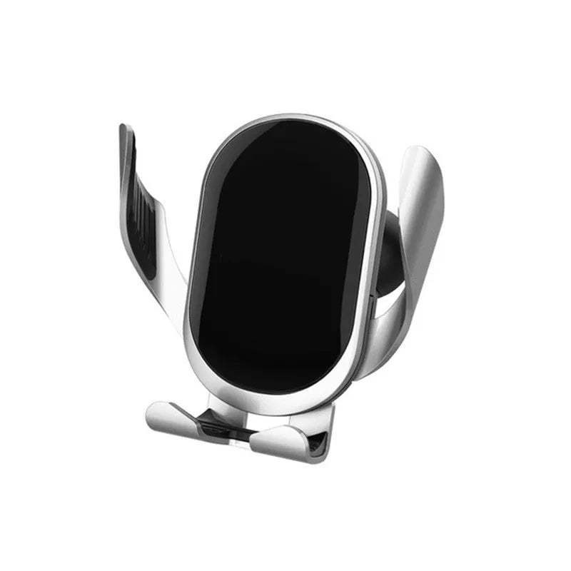 Silver portable plastic car phone holder with electric clamping mechanism, universal fit, compact design.