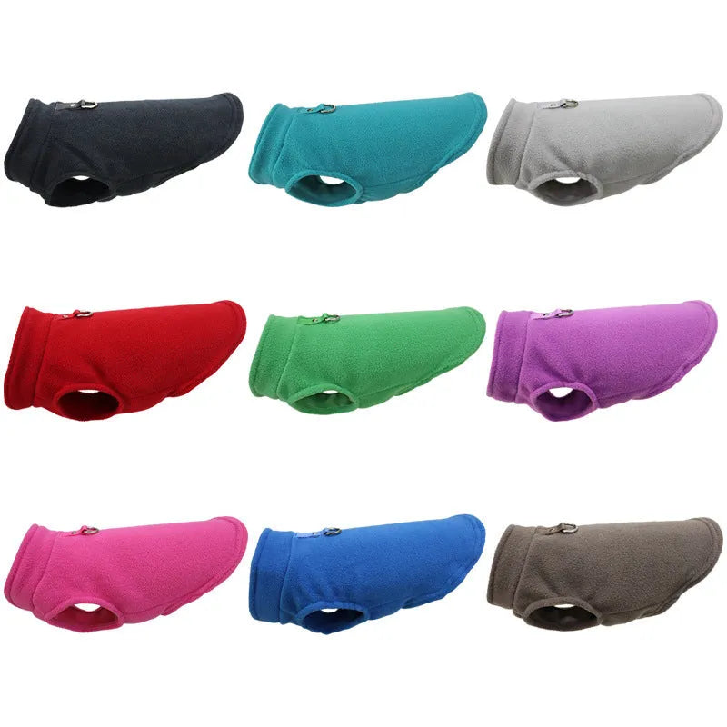 Solid colour polar fleece dog waistcoat in red, black, blue, grey, green, purple, pink, brown options