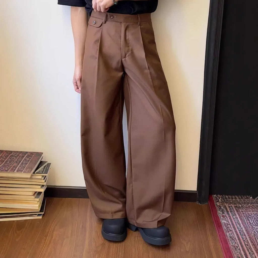 Men's straight-leg trousers with loose wide-leg design in brown or black colour options
