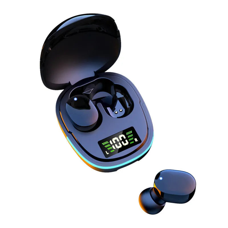 Black true wireless Bluetooth headphones with charging box showing digital battery display and three pairs of different sized ear caps