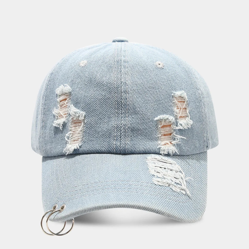 Men's adjustable cotton denim peaked cap in black showing dome crown and peaked brim design