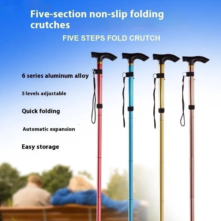 Aluminium alloy folding cane extended to 95cm with non-slip rubber tip, showing adjustable sections and folding mechanism