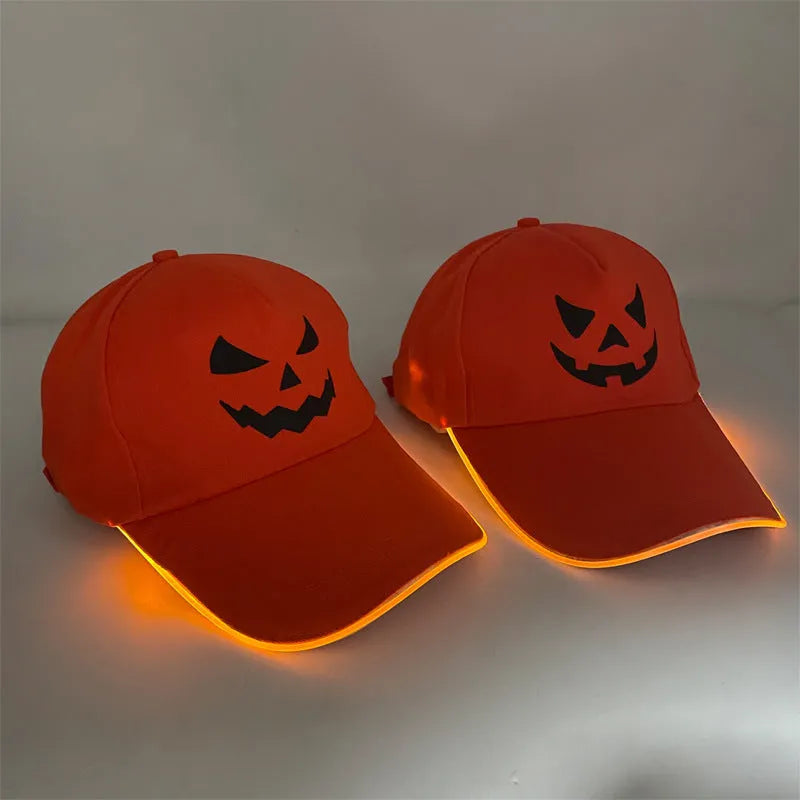 Halloween LED baseball cap with pumpkin smile design and coloured lights