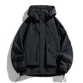 Men's hooded windproof waterproof jacket in black, ginger yellow, or purple, with regular length and long sleeves