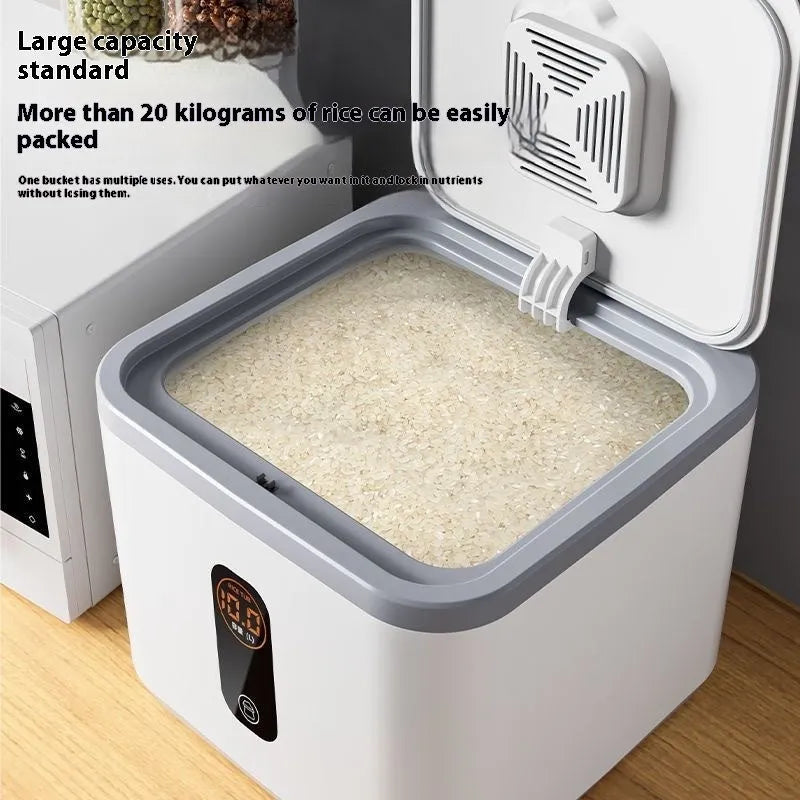 Grey plastic rice storage jar with sealed lid and measuring cup for 10kg 20kg or 30kg capacity