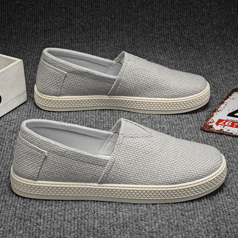 Men's casual canvas cloth shoes with round toe and PVC sole in beige, black and gray colour options