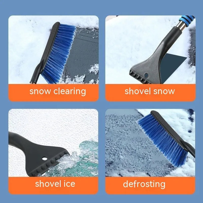 Blue and yellow telescopic car snow brushes with ice scrapers for winter vehicle clearing