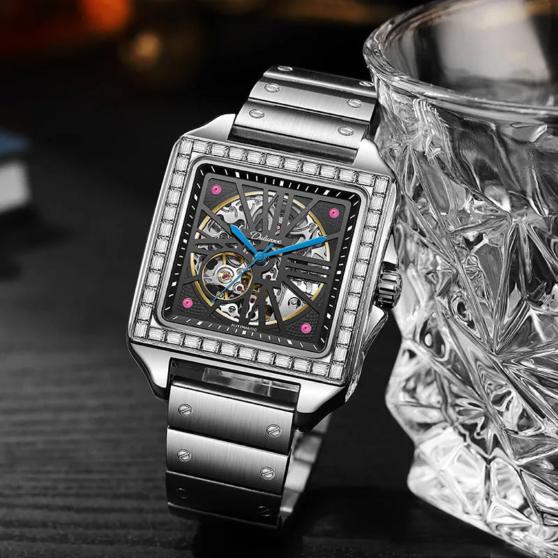 Men's automatic watch with square diamond-studded face and 6066A stainless steel or leather belt in black or white