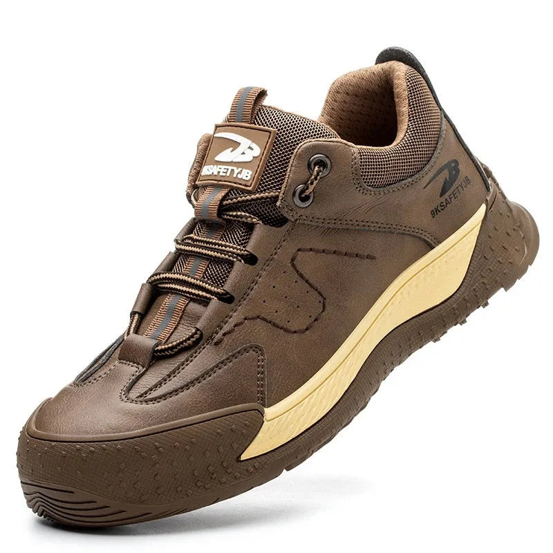 Leather work shoes with rubber soles in black, khaki, gray, and insulated brown colours, sizes 36-46