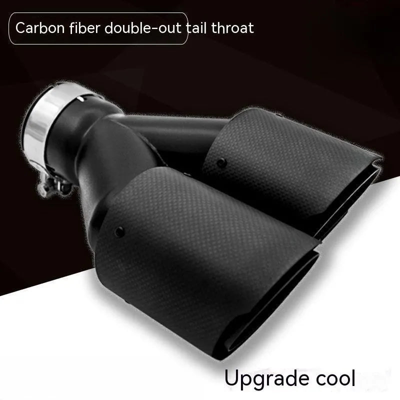 Black carbon fibre car exhaust pipe with dual outlets, measuring 250mm in length