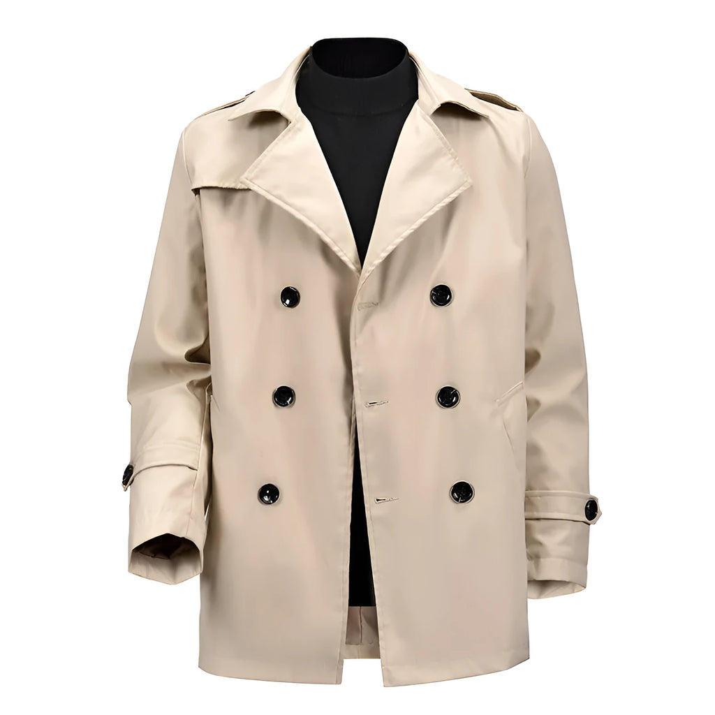 Men's khaki mid-length casual double-breasted jacket, loose fit, 50cm length, polyester
