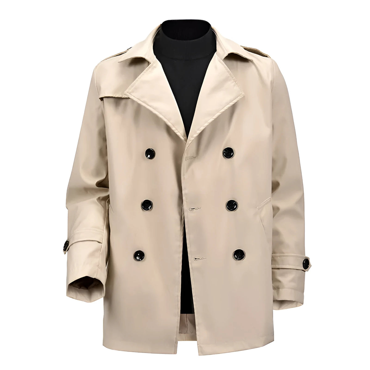 Men's khaki mid-length casual double-breasted jacket, loose fit, 50cm length, polyester