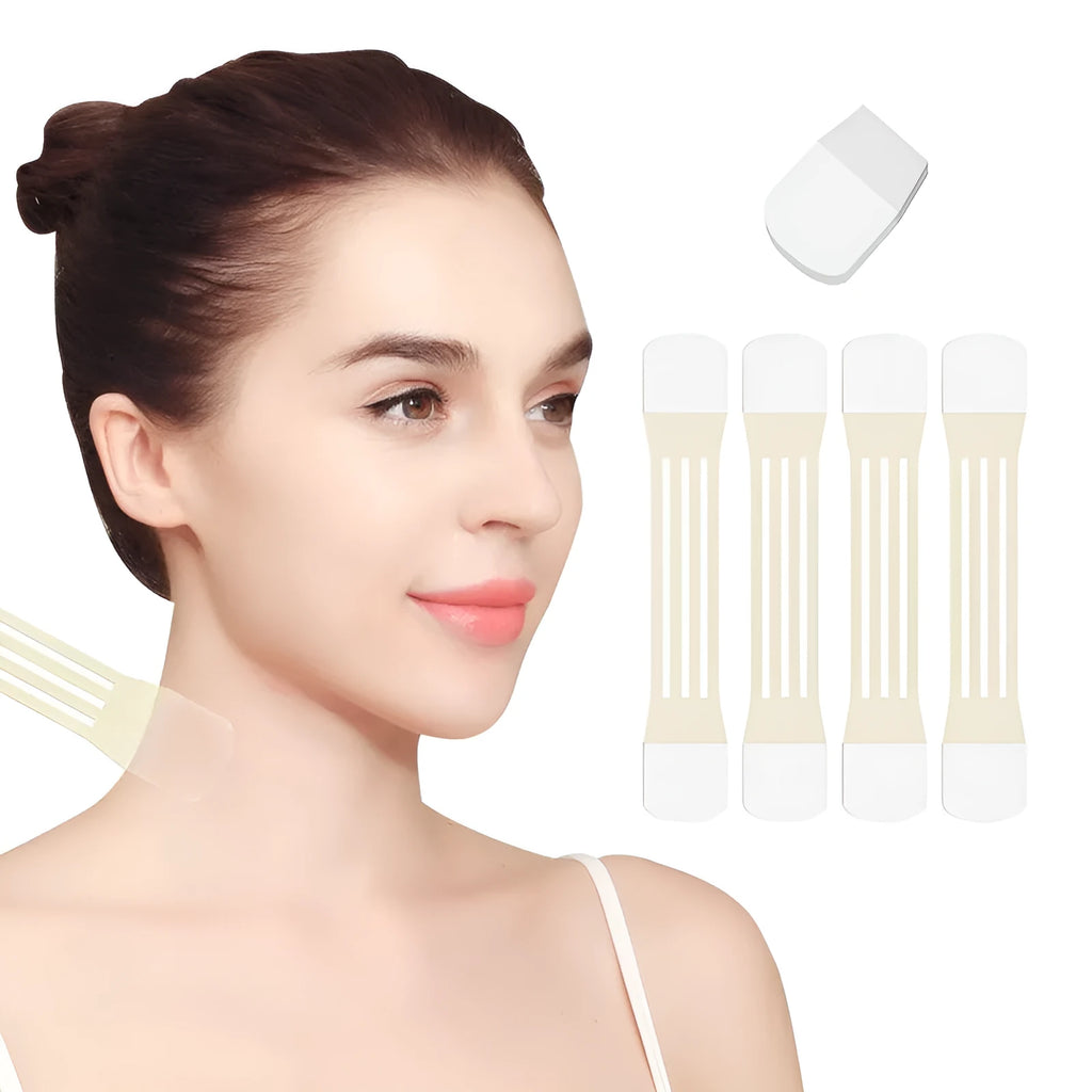 V27 neck firming lifting strap kit with four belts and twenty adhesive patches in skin tone colour