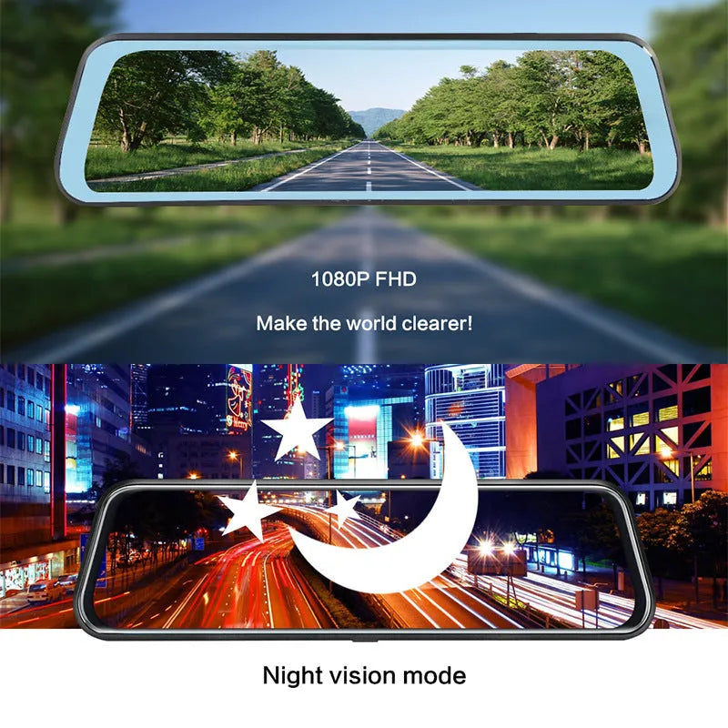 Black 10-inch rear view mirror dash cam with dual recording, 170-degree angle, and touch screen