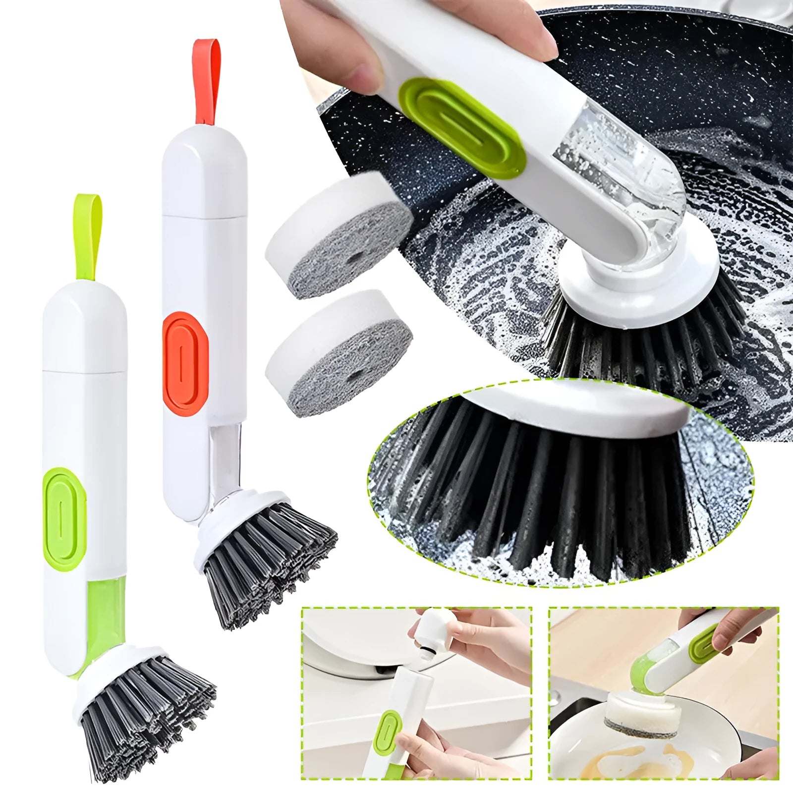 Long-handle kitchen cleaning brush with integrated soap dispenser and two removable brush heads, in white and red colour option.