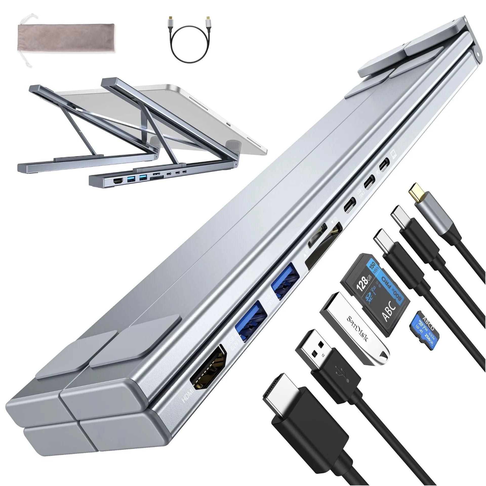 Aluminium alloy folding laptop docking station stand with 8 ports including HDMI, showing 24.75cm width and collapsed position