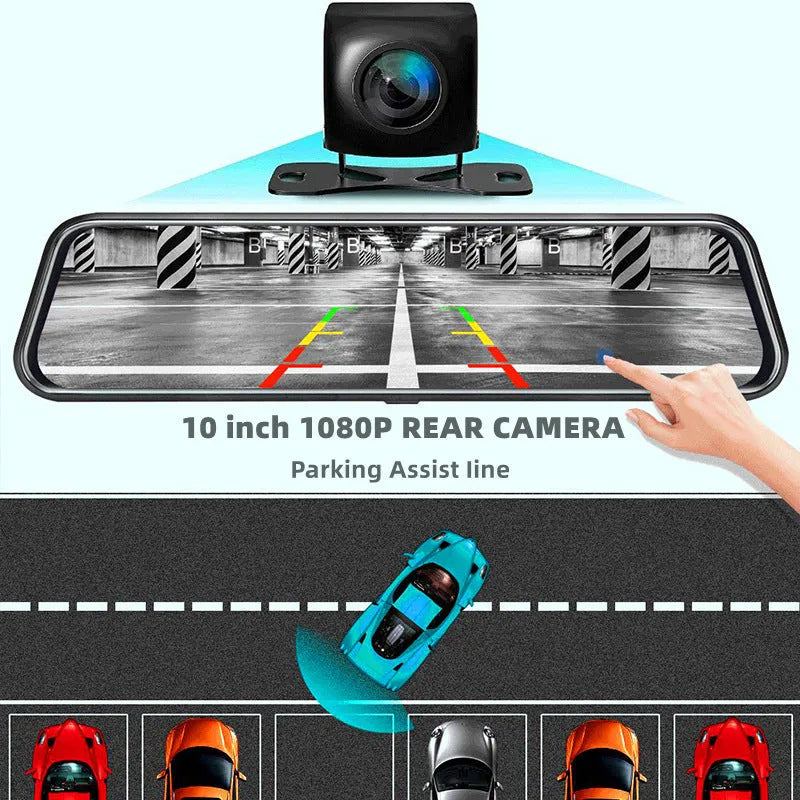 Black 10-inch rear view mirror dash cam with dual recording, 170-degree angle, and touch screen