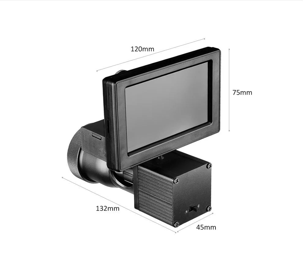 Black digital night vision monocular with 4.3-inch screen, shown with two 18650 batteries.
