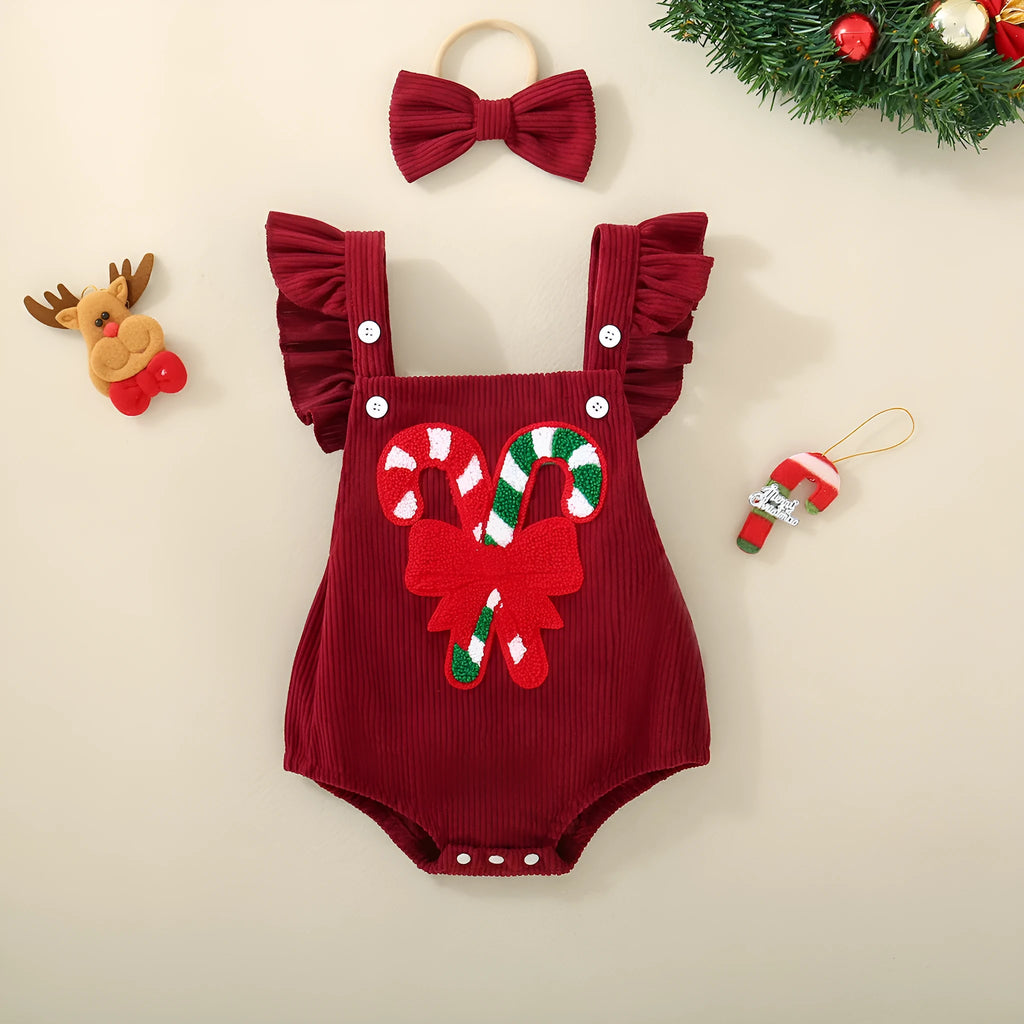 Red sleeveless cotton triangle romper for babies and toddlers with embroidered wing detail, shown in 70cm to 100cm sizes
