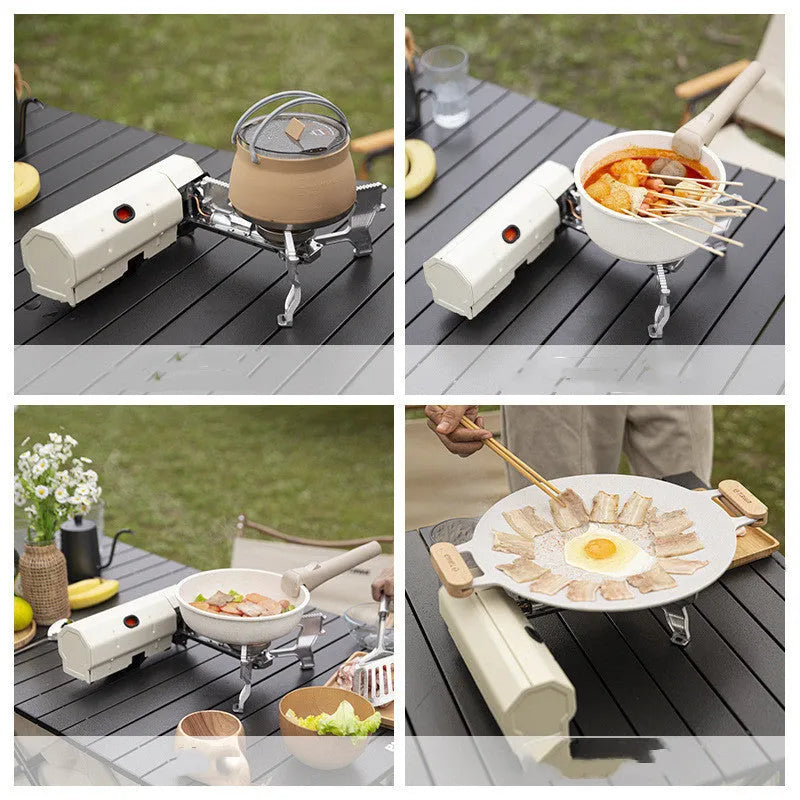 Green portable folding gas stove with adjustable valve and serrated bracket for camping