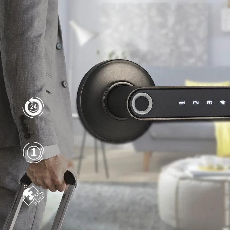 Black alloy smart lock with fingerprint sensor and Bluetooth app control for keyless door security