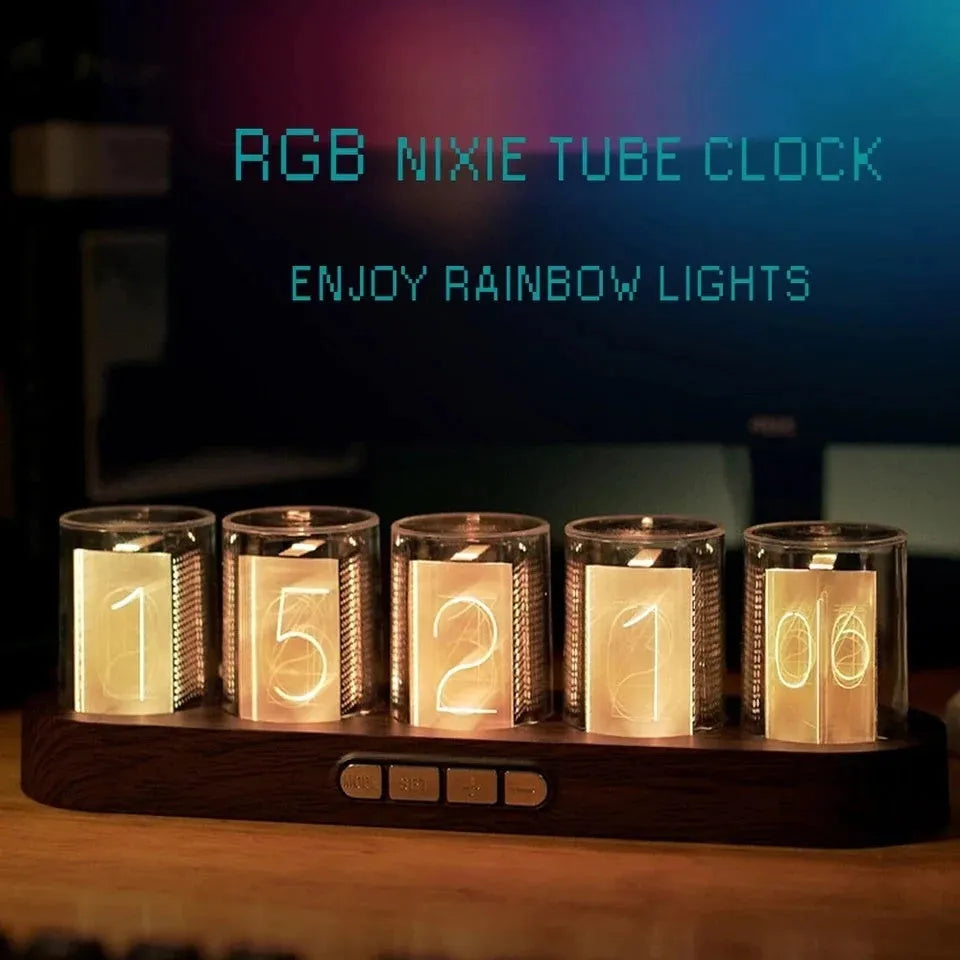 RGB LED digital tube clock showing colourful time display on a desk.