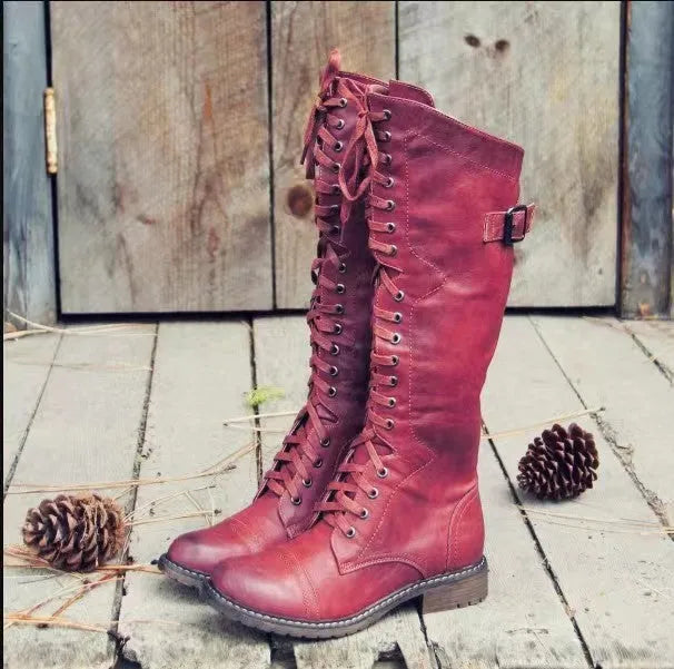 Chunky heel high leg boots in black, wine red, or brown with round toe and 1-3cm low heel