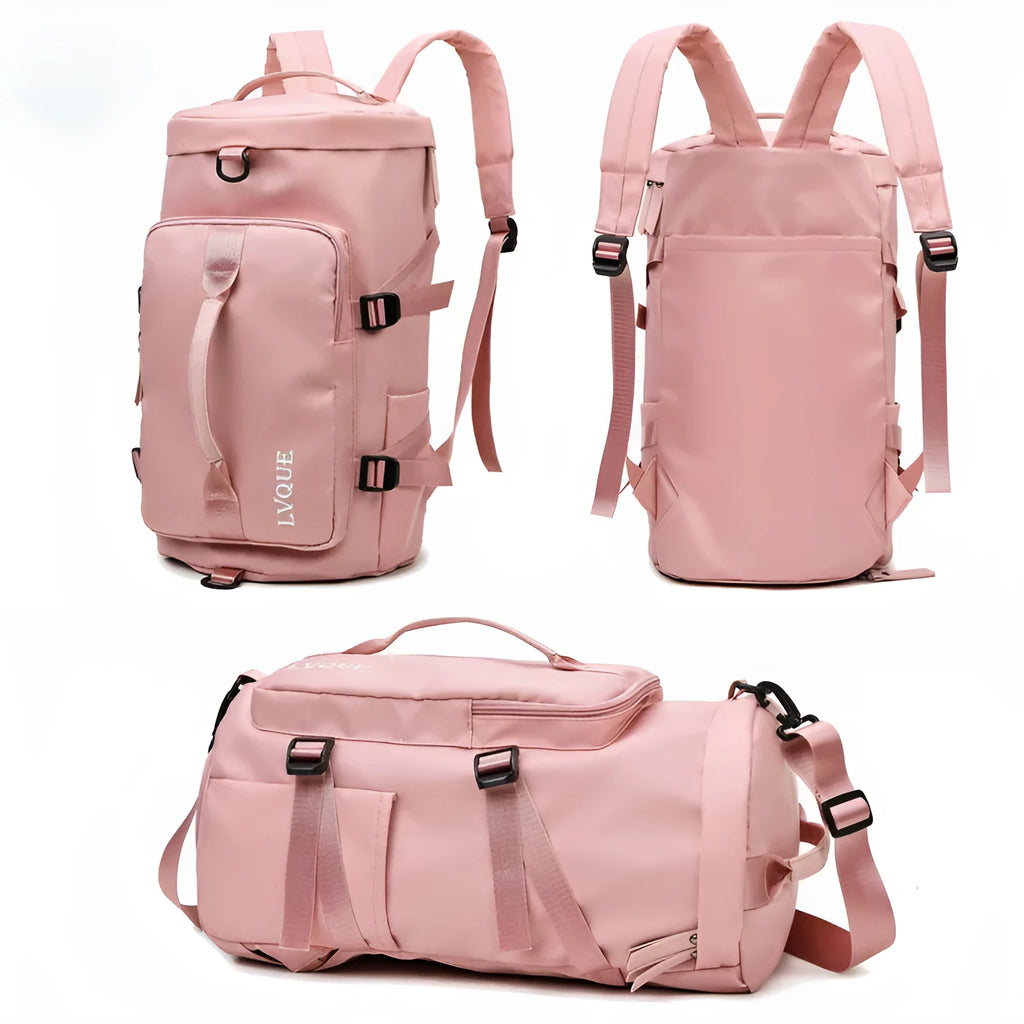 Waterproof convertible gym backpack in use showing shoe compartment and multiple pockets