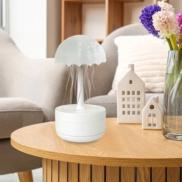 White jellyfish humidifier diffuser with 300ml capacity and 7-colour night light on desktop
