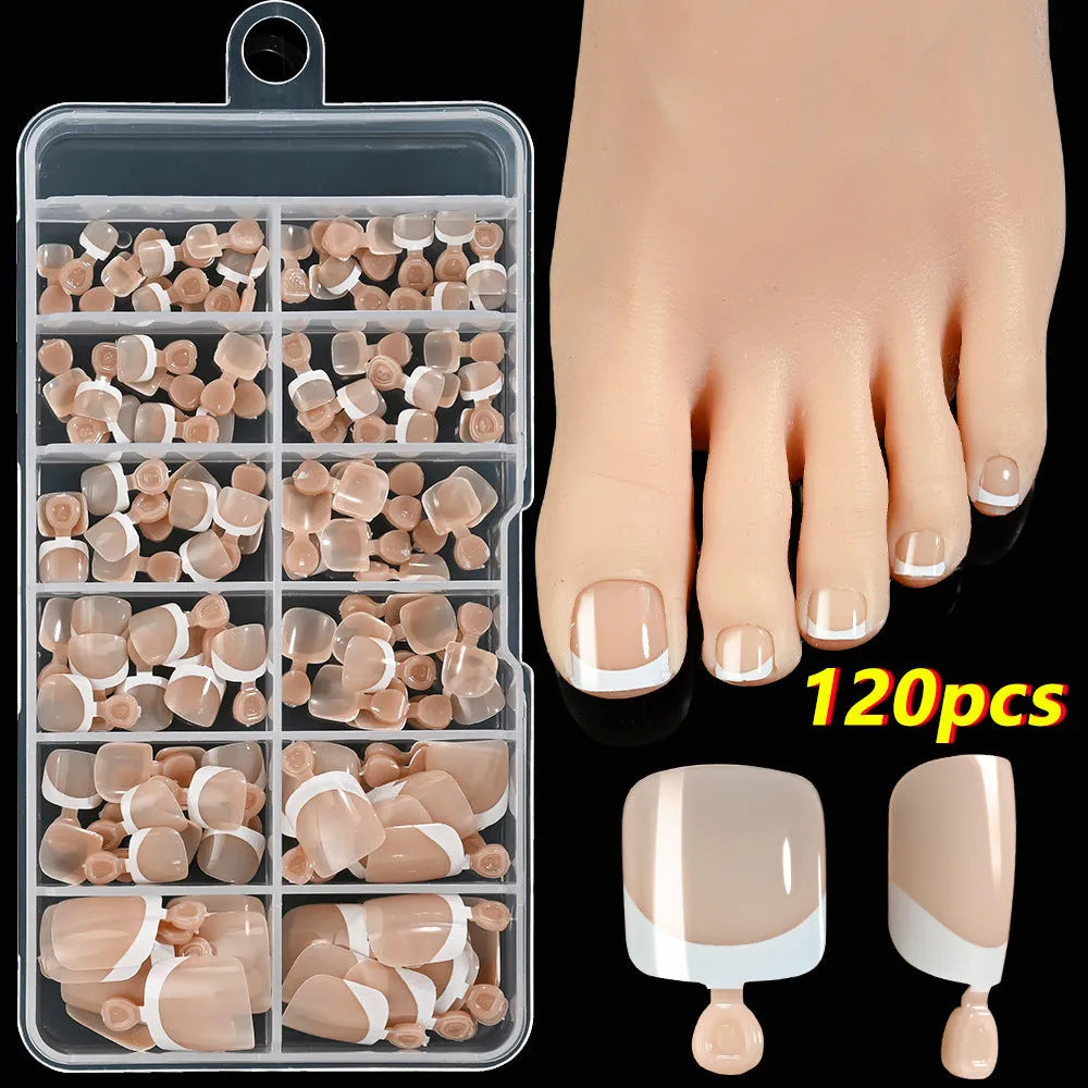 120 French white edge nude square short artificial toe nails in nine natural shades