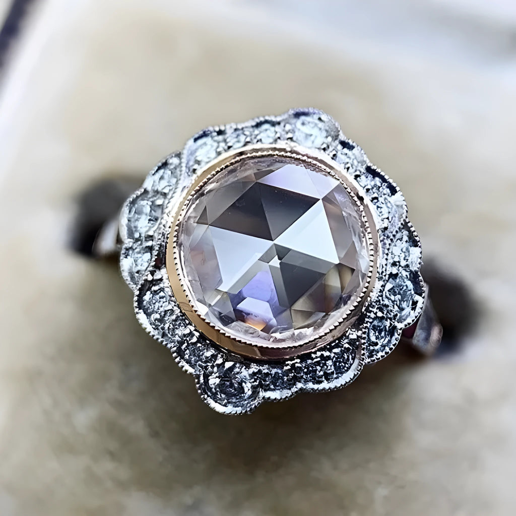 Rose gold two-tone alloy ring with inlaid moissanite, geometric women's design, sizes 6 to 10