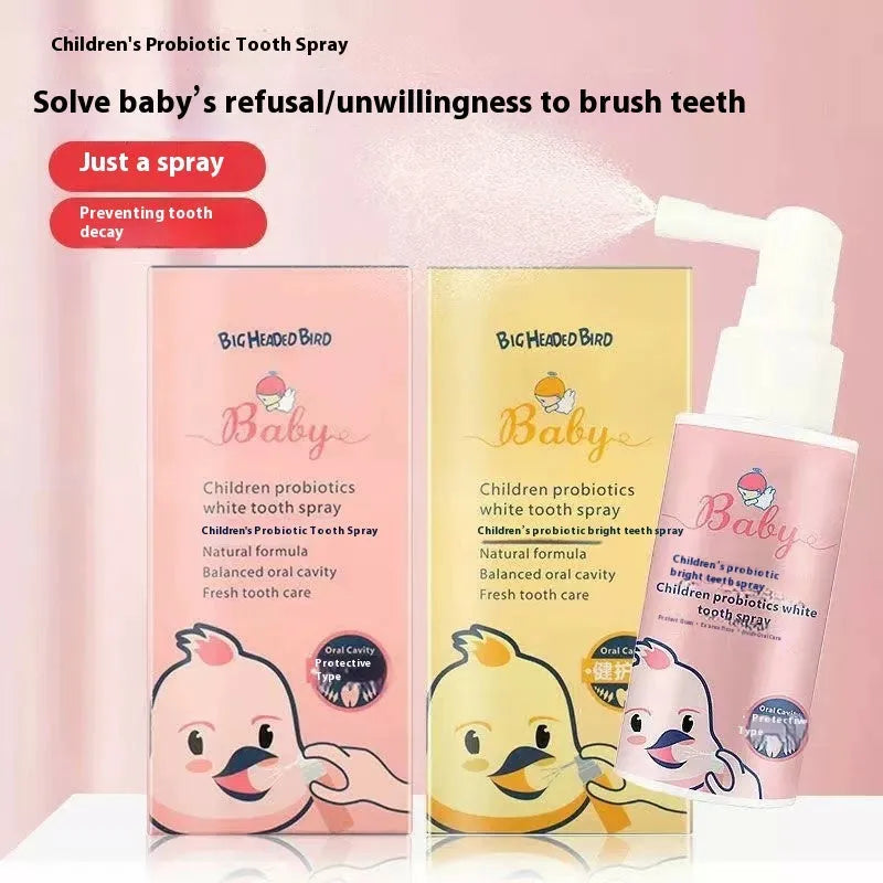 Children's probiotics white teeth cleaning spray bottle with 40ml anticavity formula in strawberry and orange flavour options