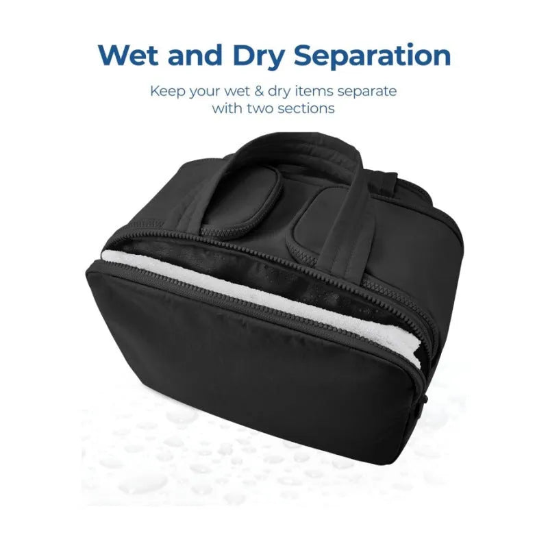 Travel toiletry bag in black with wide-open design showing interior space, dimensions 29.97x18.54x21.08cm